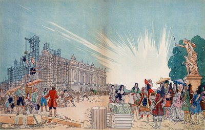 Bau des Schlosses von Versailles im Jahr 1678 nach den Plänen von Jules Hardouin Mansart, im Vordergrund der König von Frankreich Ludwig XIV - Illustration von Sylvain Sauvage (1888-1948) von Sylvain Sauvage